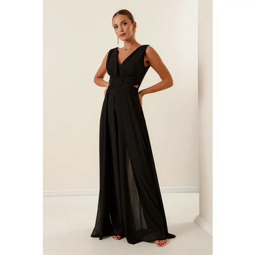 By Saygı Low-Collection Front Back V-Neck Lined Chiffon Jumpsuit.