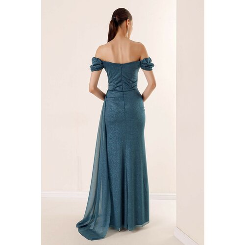 By Saygı Pleated Low Sleeves Lined Glittery Long Dress With Pleats Oil Cene