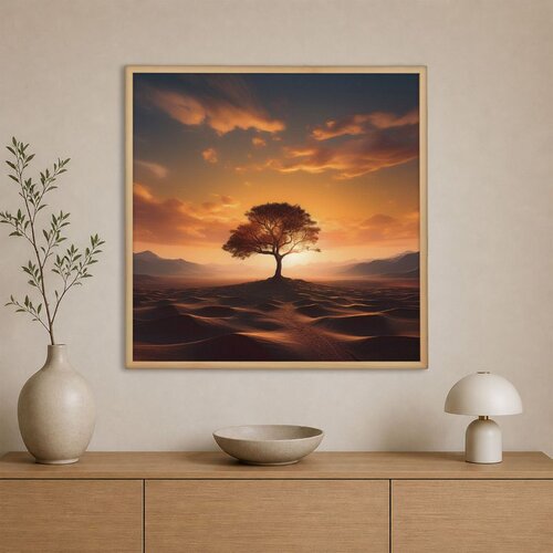 Wallxpert uramljena slika na platnu Cc-K-Ah-1015, usamljeno drvo u pustinji pri zalasku sunca, 60 x 60 cm Slike