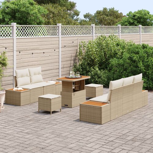 vidaXL Set vrtnog namještaja od 8 komada s jastučićima bež poly rattan akacija, Set vrtne blagovaonice od 3 komada s jastučićima bež poly rattan akacija Cijene