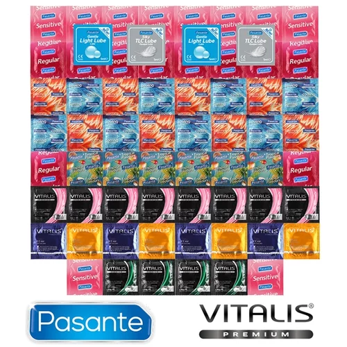 Pasante Christmas Package of Warming, Cooling and Glowing Condoms - 62 Condoms and Vitalis Premium + 4 Lubricating Gels as a Gift