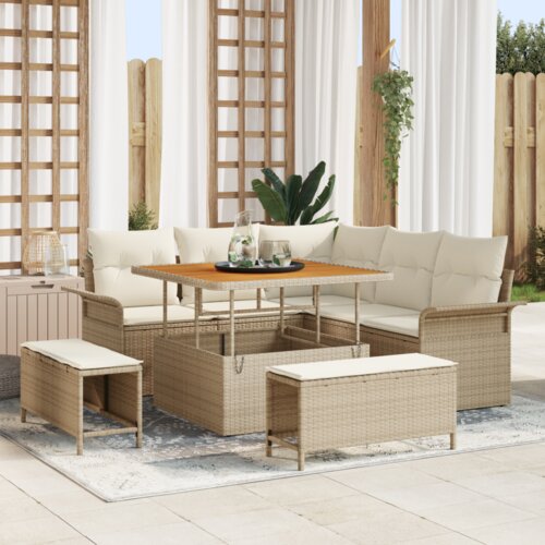 VidaXL 8-dijelni vrtni sofaset s jastučićima Bež Poly Rattan Acacia Slike