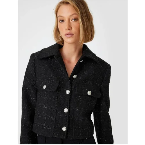 Koton Tweed Crop Jacket with Buttoned Flap Pocket Detail