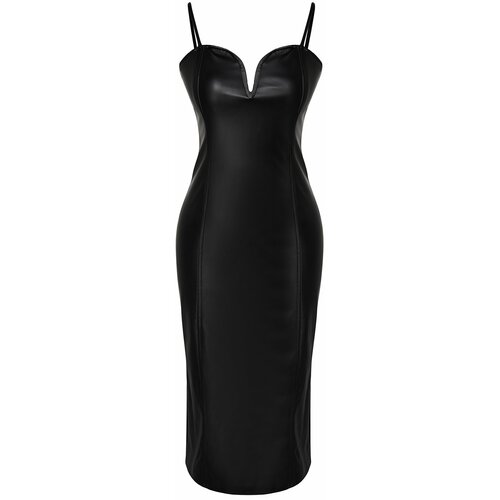 Trendyol Black Fitted Faux Leather Evening Dress Slike