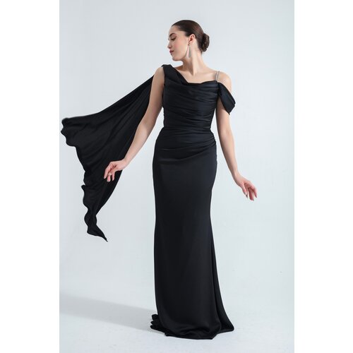 Lafaba women's black one-shoulder stone strap long satin evening dress Cene