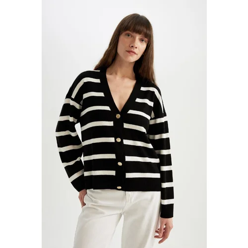 Defacto Relax Fit Striped V-Neck Knitwear Cardigan