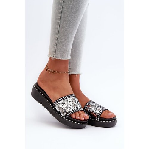 Kesi Women's Sequin Slippers Black and Silver Rivanique Slike