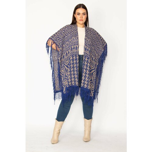 Şans Women's Plus Size Saxon Shawl Pattern Tassel And Silvery Detailed Thick Knitwear Poncho Cene