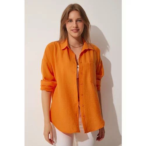 Happiness İstanbul Women's Orange Oversize Linen Airon Shirt