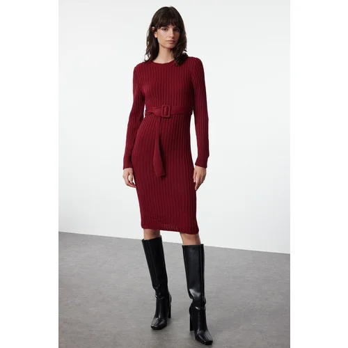 Trendyol Burgundy Mini Knitted Belted Dress