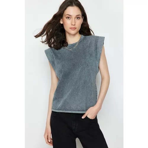 Trendyol Anthracite*001 Faded Effect 100% Cotton Wadding Appearance Basic Crew Neck Knitted T-Shirt