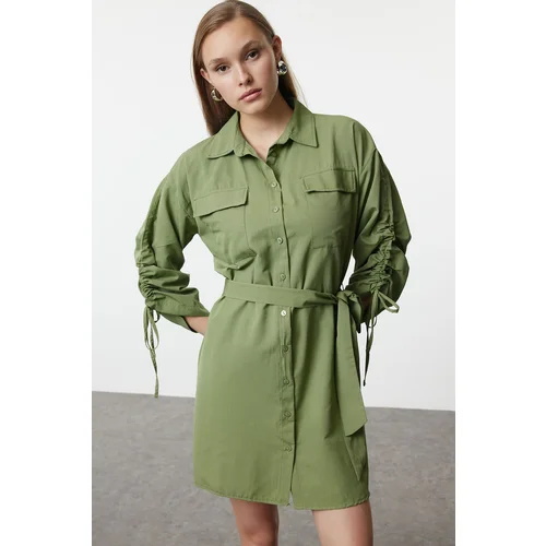 Trendyol Khaki Pocket and Gather Detailed Mini Woven Shirt Dress