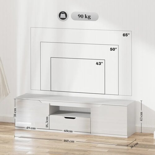  Niski TV ormarić visoki sjaj za TV do 65 3 pretinca ladica 160 x 38 x 43 cm bijela Slike