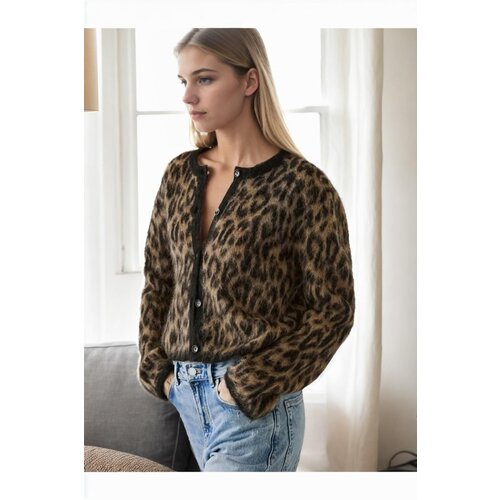 Dewberry 61353 Leopard Patterned Cardigan-COFFEE Cene