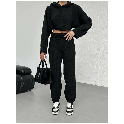 Laluvia Black Hooded Knitted Crop Knitwear Suit with Elastic Waist Legs Slike