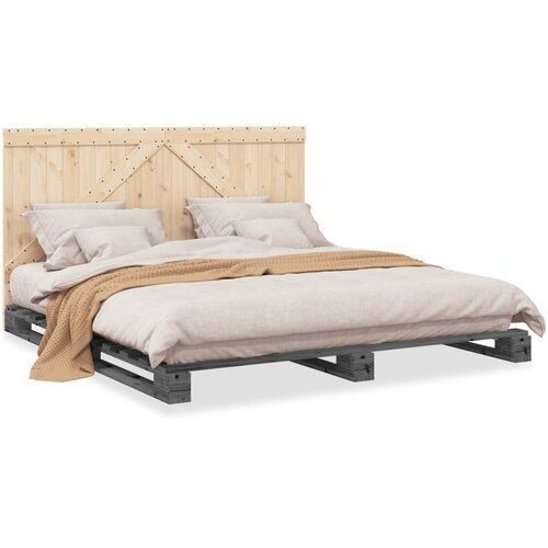 VidaXL Posteljni okvir z vzglavjem siv 200x200 cm trdna borovina Slike