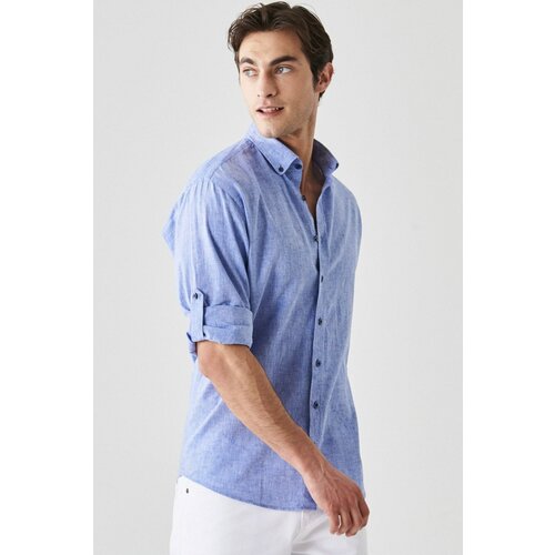 AC&Co / Altınyıldız Classics Men's Saxe Blue Comfort Fit Relaxed Cut Buttoned Collar Casual Linen Shirt Cene
