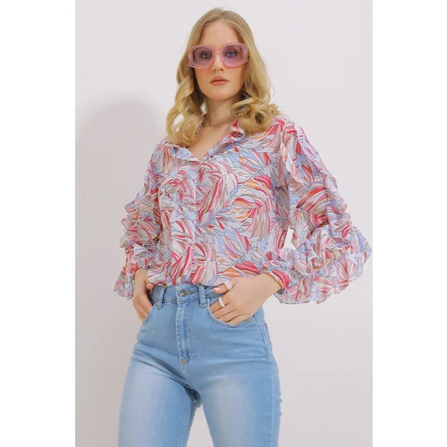 Trend Alaçatı Stili Women's Pink Big Collar Sleeves Flounce Patterned Chiffon Shirt