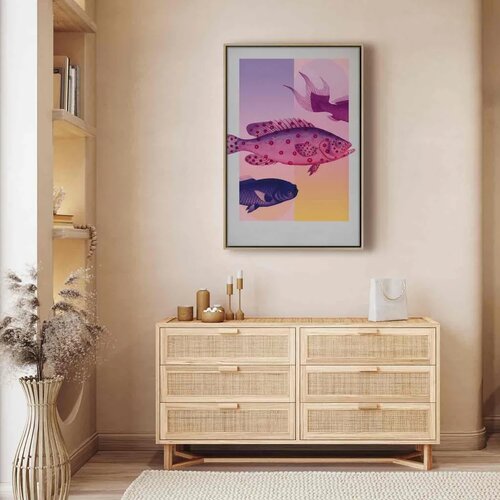 Slika - Fish in Pastels - Stylized Fish Against Gradient Shapes 40x60 U prirodnom drvenom okviru Slike