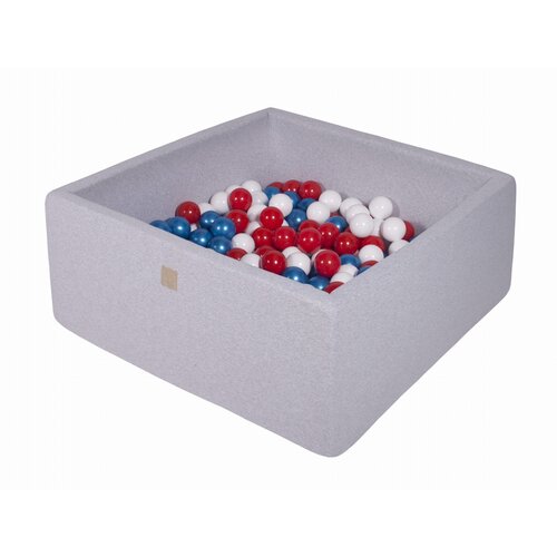 MeowBaby Square Ball Pool, 90x90x40 cm s 300 žogami, bombaž, svetlo siva: biserno modra/bela/rdeča, (21333850) Cene