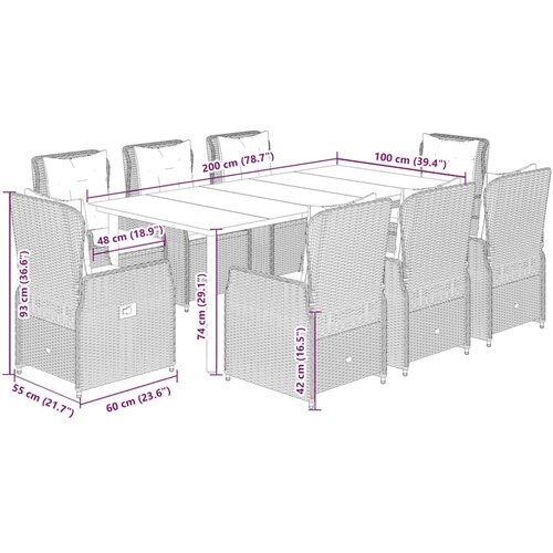  9-dijelni vrtni blagovaonski set s jastucima crni od poliratana Crna 200 x 100 x 74 cm Slike