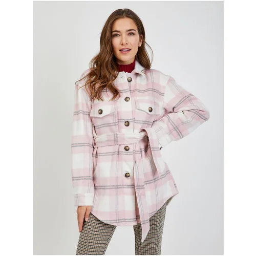 Orsay White-pink ladies plaid shirt jacket with tie - Ladies