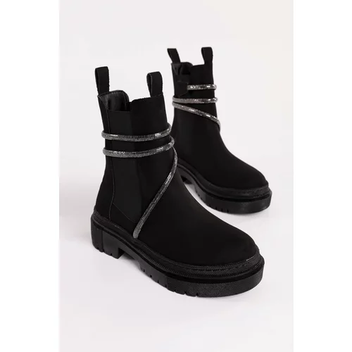 Shoeberry Women's Patray Black Suede Stony Thick Sole Elastic Boots Black Suede