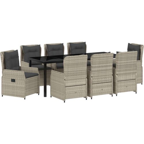  9-dijelni set za objedovanje u vrtu svjetlosivi poli ratan vrtni stol crni 200x80x73 cm kaljeno staklo Slike