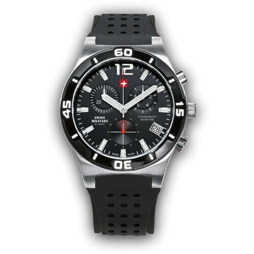 Swiss Military quartz chronograph crni srebrni sportski ručni sat sa crnim gumenim kaišem 601413 Slike