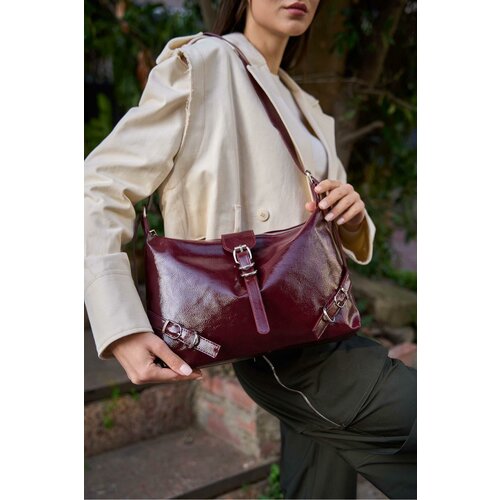 Madamra Burgundy Patent Leather Women's Belt Cornered Patent Leather Shoulder Bag Slike