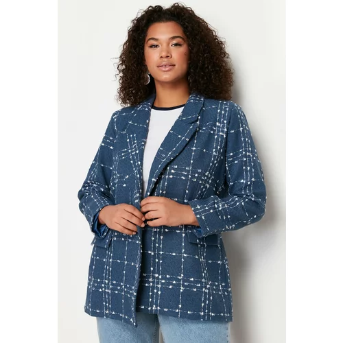 Trendyol Curve Navy Blue Tweed Woven Blazer Jacket