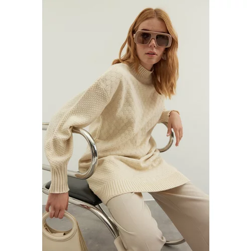 Trendyol Stone Standing Collar Honeycomb Pattern Knitted Knitwear Sweater