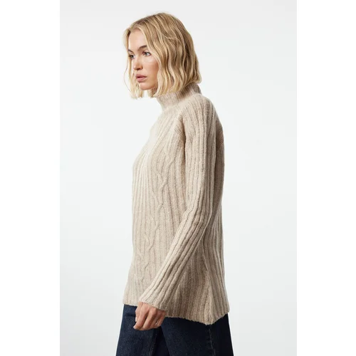 Trendyol Beige Soft Textured Knit Detailed High Collar Knitwear Sweater