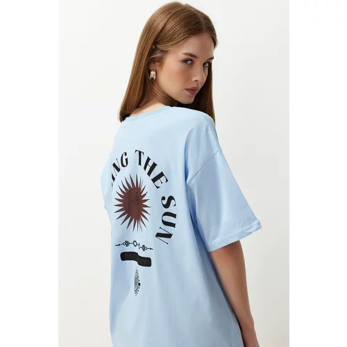 Trendyol Blue Printed Oversize/Creature Knitted T-Shirt