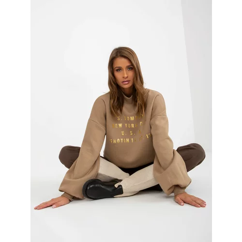 Fashion Hunters Dark beige sweatshirt with a printed turtleneck