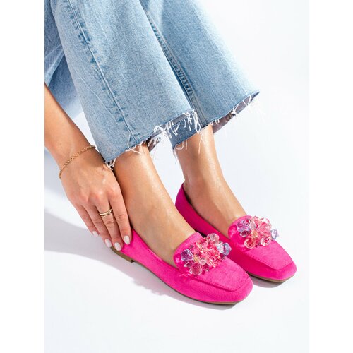 SHELOVET Suede pink loafers with crystals Slike