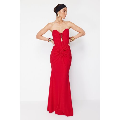 Trendyol X Zeynep Tosun Red Fish Knitting Detailed Long Evening Dress & Graduation Dress Cene