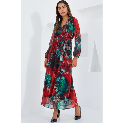 Bigdart Women's Red Green Patterned Chiffon Dress 2134