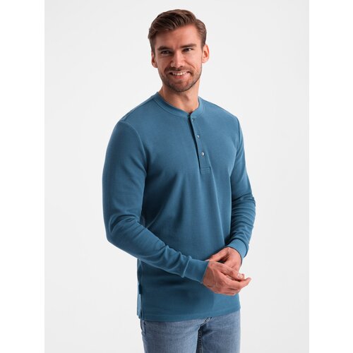 Ombre Men's waffle knit longsleeve fastened at the neck - blue denim Cene