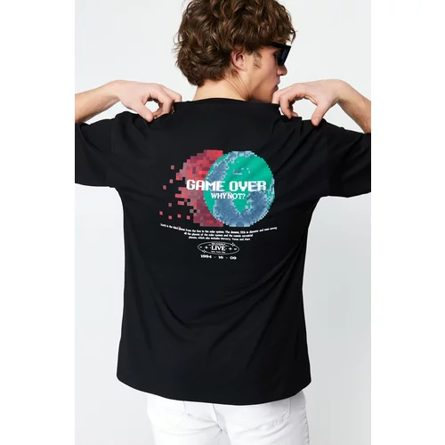 Trendyol Men's Black Oversize/Wide-Fit Space Back Printed 100% Cotton T-shirt