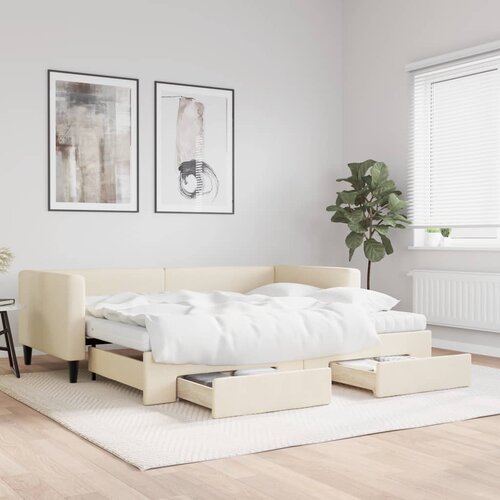 VidaXL Izvlečna dnevna postelja s predali krem 90x200 cm blago Slike