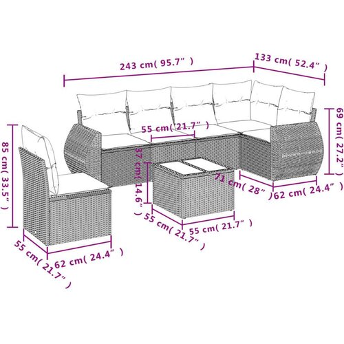 VidaXL 7-dijelni set vrtnih sofa od poliratana s jastucima smeđi Slike