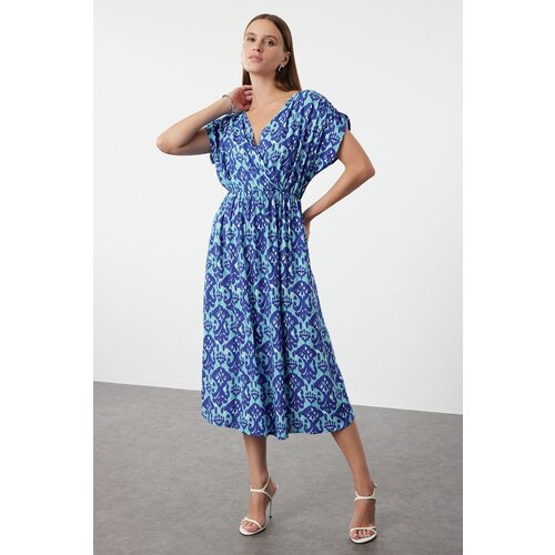 Trendyol Blue Printed A-Line Double Breasted Collar Woven Dress Woven Dress Slike