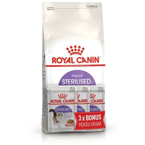 Royal Canin FHN Sterilised 37, potpuna i uravnotežena hrana za kastrirane/sterilizirane mačke, 2 kg + BONUS 3 vrećice x 85 g Slike