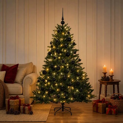  Umjetno božićno drvce s kuglicom 120 cm 150 LED lampica - Zelena 120 cm s LED-ima i crnim lopticama Slike