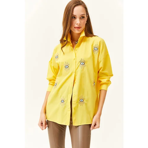 Olalook Women's Yellow Sequin Detailed Woven Boyfriend Shirt