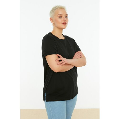 Trendyol Black Crew Neck Slit Basic Knitted T-Shirt Cene
