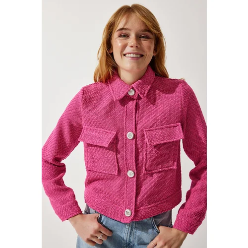  Women's Pink Stylish Buttoned Woven Tweed Jacket