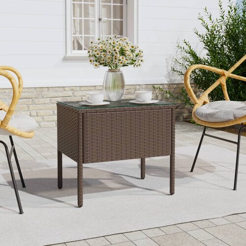 VidaXL Stranska mizica rjava 53x37x48 cm poli ratan in kaljeno steklo Slike
