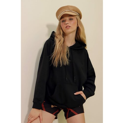 Trend Alaçatı Stili Women's Black Hooded Kangaroo Pocket Two Thread Sweatshirt Slike